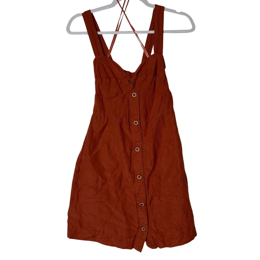 Maeve Anthropologie Linen Blend Mini Dress Rust Orange Twist Front Boho Women XS